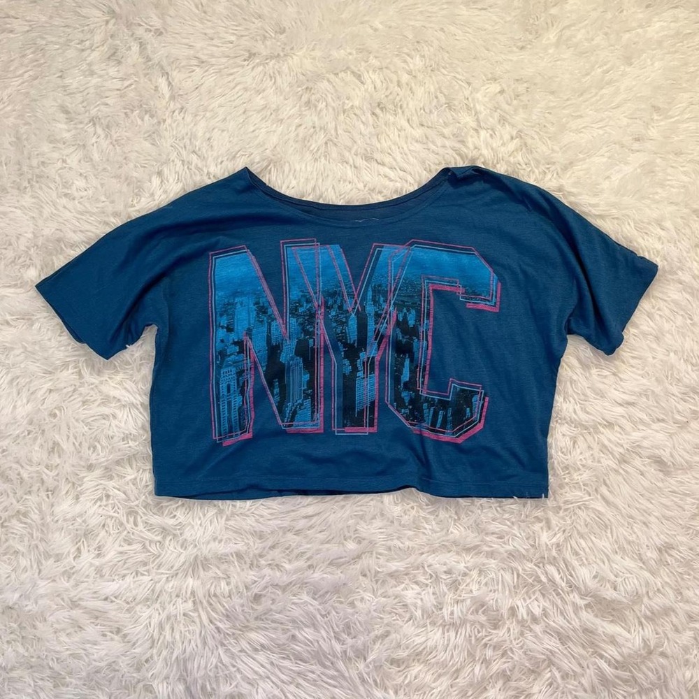 y2k dark teal off shoulder nyc top medium